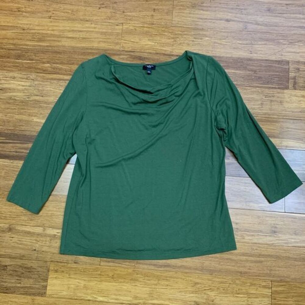 Talbots Top Womens Large Petite Green Cowl Neck 3/4 Sleeve Casual Comfy Blouse